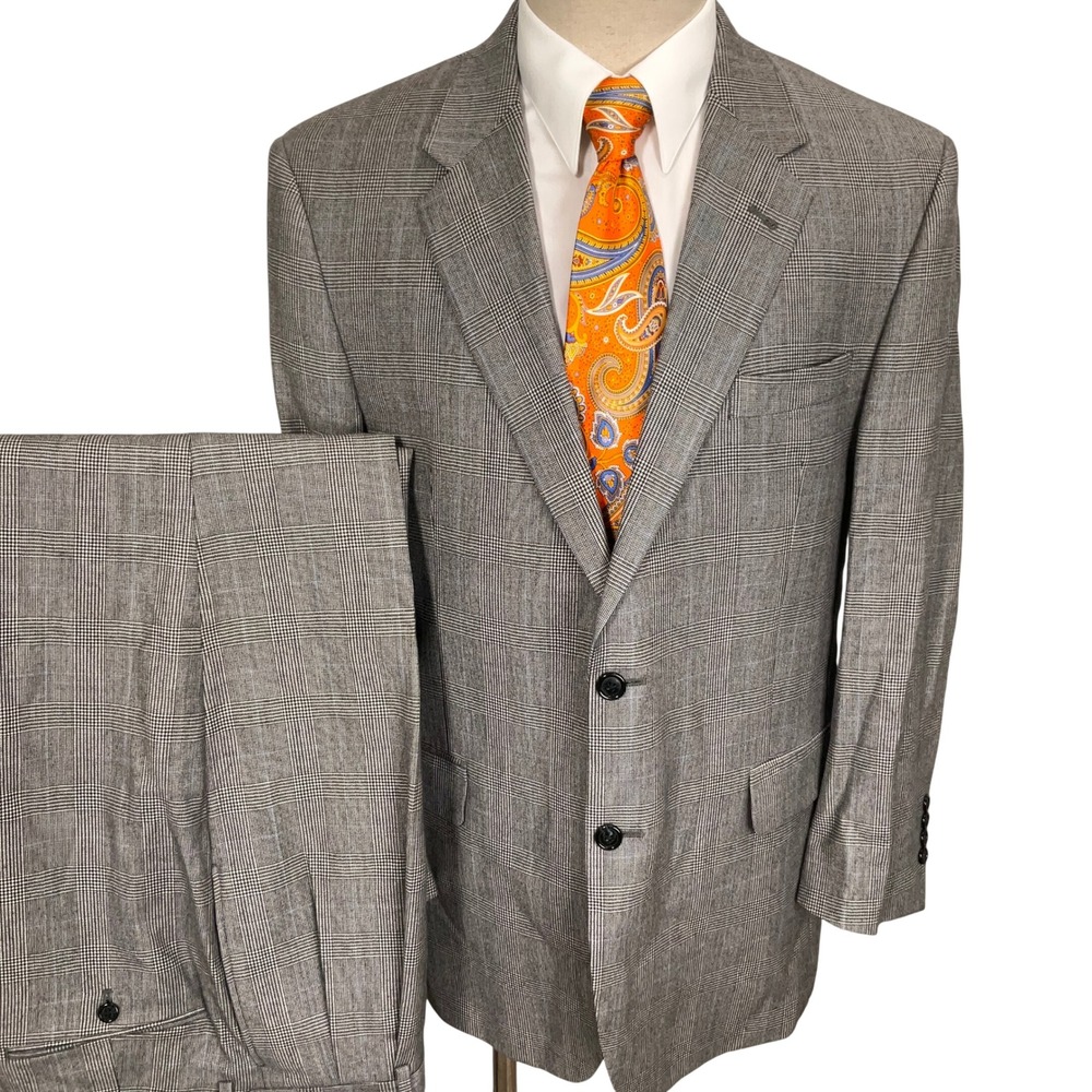 Jos‎ A Bank Suit Mens 42R Gray Glen Plaid Flannel Old Money Corporate Retro Wool